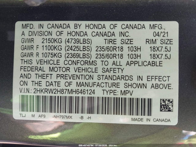2HKRW2H87MH646124 Honda Cr-v Awd Ex-l