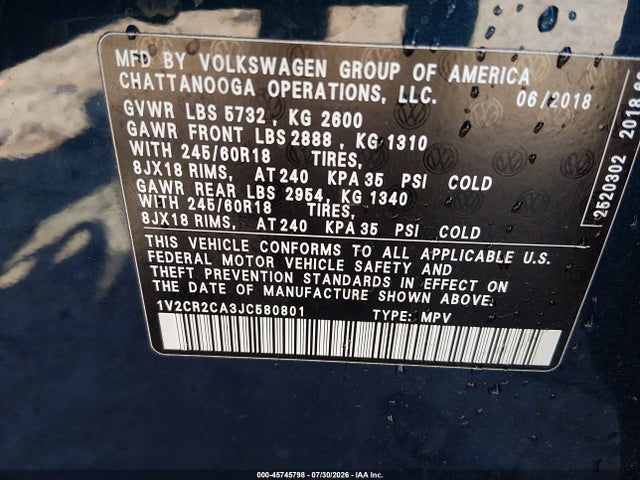 Aukcja sprzedaży 2018 Volkswagen Atlas 3.6l V6 Se, vin: 1V2CR2CA3JC580801, numer aukcji: 45745798