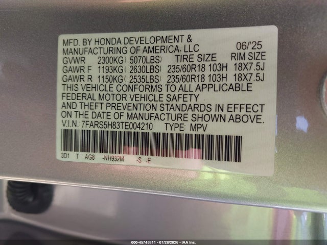 45745811 :رقم المزاد ، 7FARS5H83TE004210 vin ، 2026 Honda Cr-v Hybrid 2wd Sport-l مزاد بيع