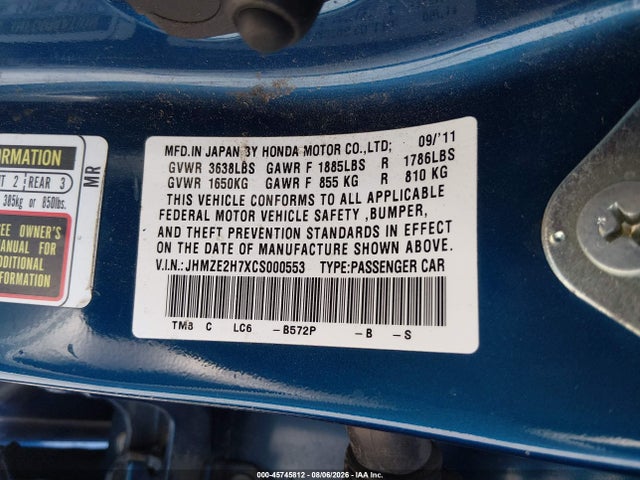 Продажа на аукционе авто 2012 Honda Insight Ex, vin: JHMZE2H7XCS000553, номер лота: 45745812
