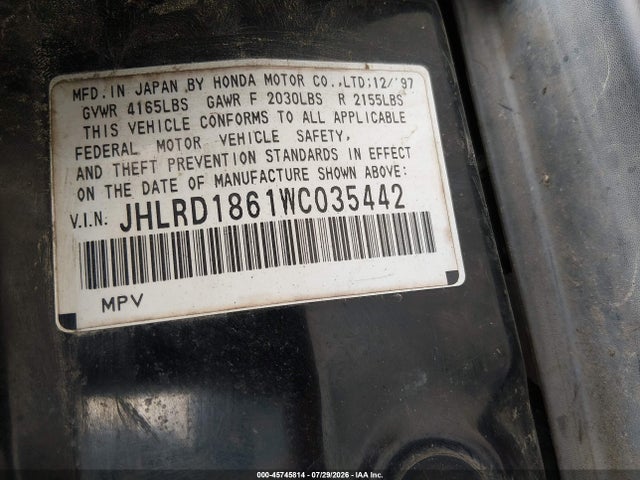 Продаж на аукціоні авто 1998 Honda Cr-v Ex, vin: JHLRD1861WC035442, номер лоту: 45745814