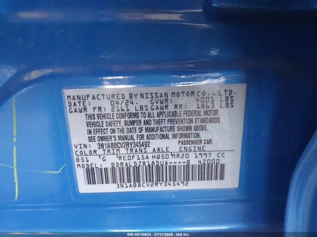 Продаж на аукціоні авто 2024 Nissan Sentra Sv Xtronic Cvt, vin: 3N1AB8CV2RY345492, номер лоту: 45745824