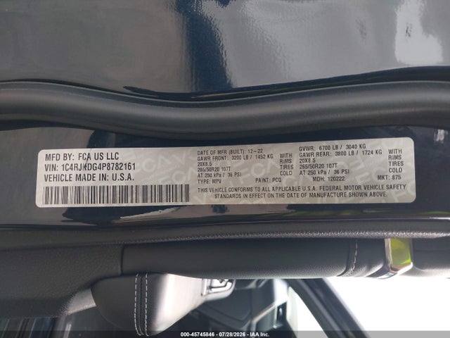 45745846 :رقم المزاد ، 1C4RJKDG4P8782161 vin ، 2023 Jeep Grand Cherokee L Overland 4x4 مزاد بيع