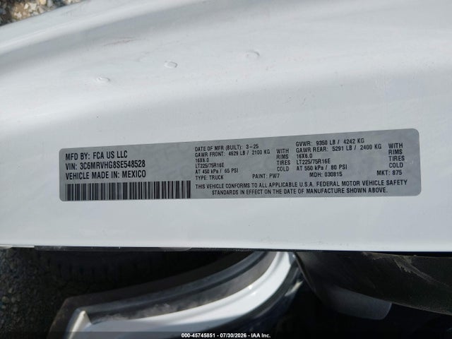 45745851 :رقم المزاد ، 3C6MRVHG8SE548528 vin ، 2025 Ram Promaster 3500 Tradesman High Roof 159 Wb W/pass Seat مزاد بيع