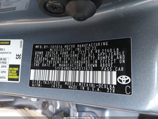 2023 Toyota Corolla Le მანქანა იყიდება აუქციონზე, vin: 5YFB4MDE4PP017670, აუქციონის ნომერი: 45745865