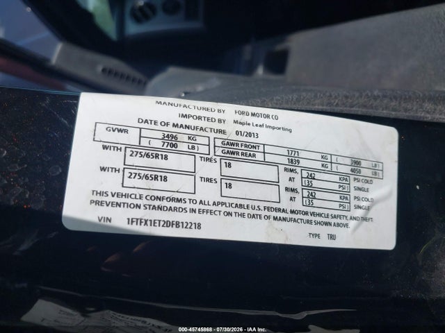 45745868 :رقم المزاد ، 1FTFX1ET2DFB12218 vin ، 2013 Ford F-150 Lariat مزاد بيع