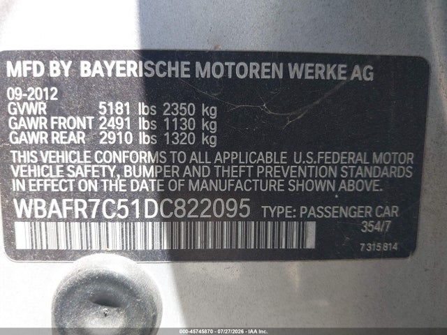 Aukcja sprzedaży 2013 Bmw 535i, vin: WBAFR7C51DC822095, numer aukcji: 45745870