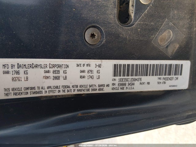 Aukcja sprzedaży 2002 Dodge Neon Sxt, vin: 1B3ES56C12D604376, numer aukcji: 45745881