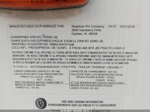 45745893 :رقم المزاد ، 4YDT33424HB452533 vin ، 2017 Keystone Rv Other مزاد بيع