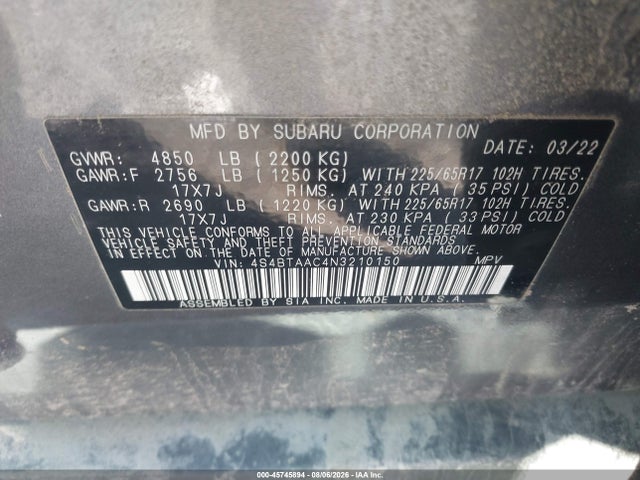 Aukcja sprzedaży 2022 Subaru Outback, vin: 4S4BTAAC4N3210150, numer aukcji: 45745894