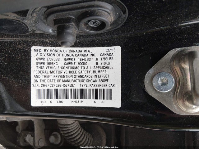 Продаж на аукціоні авто 2016 Honda Civic Lx, vin: 2HGFC2F52GH537587, номер лоту: 45745897