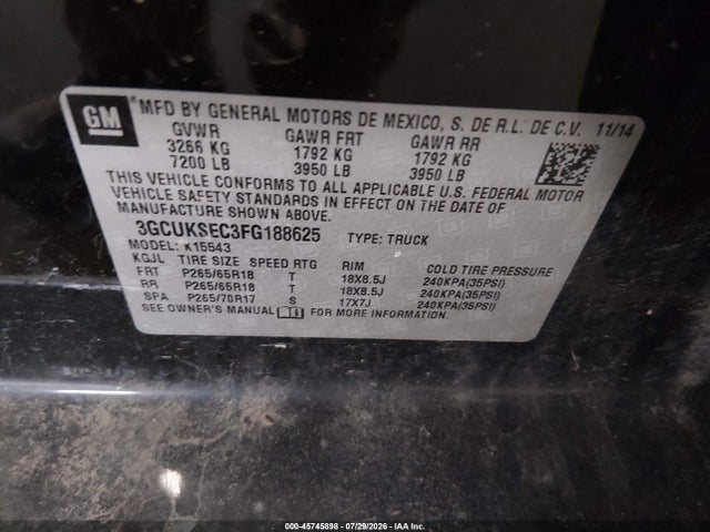 2015 Chevrolet Silverado 1500 Ltz მანქანა იყიდება აუქციონზე, vin: 3GCUKSEC3FG188625, აუქციონის ნომერი: 45745898
