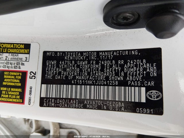 Auction sale of the 2018 Toyota Camry Xle, vin: 4T1B11HK1JU041258, lot number: 45745907
