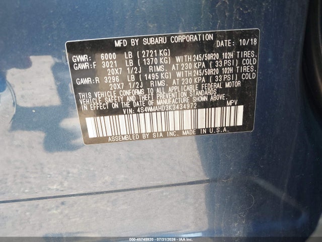 45745920 :رقم المزاد ، 4S4WMAHD3K3434972 vin ، 2019 Subaru Ascent Premium مزاد بيع