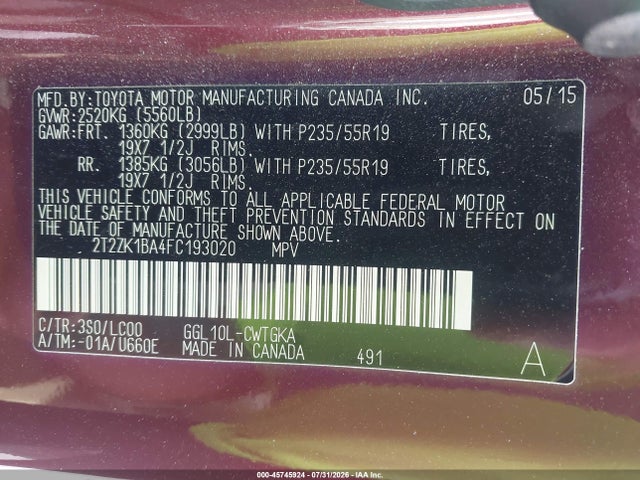 Lexus RX 350 2015 2T2ZK1BA4FC193020 Image 9