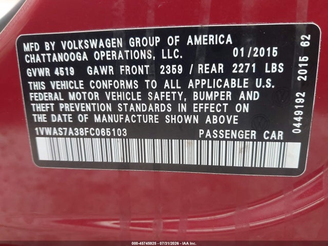 1VWAS7A38FC065103 Volkswagen Passat 1.8t Wolfsburg Edition