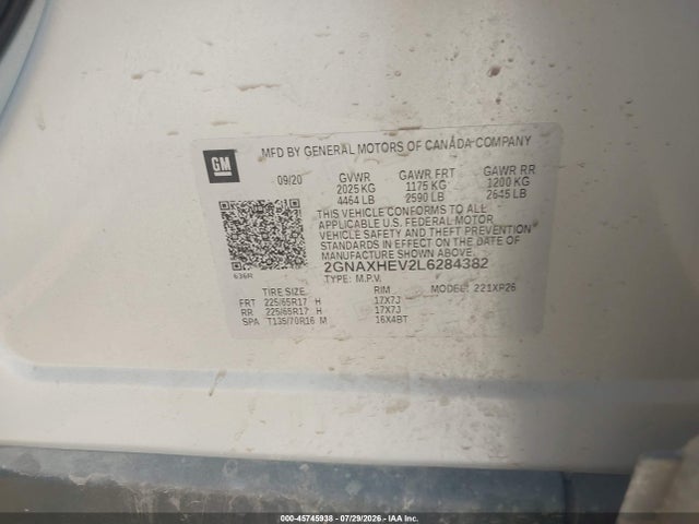 Aukcja sprzedaży 2020 Chevrolet Equinox Fwd Ls, vin: 2GNAXHEV2L6284382, numer aukcji: 45745938