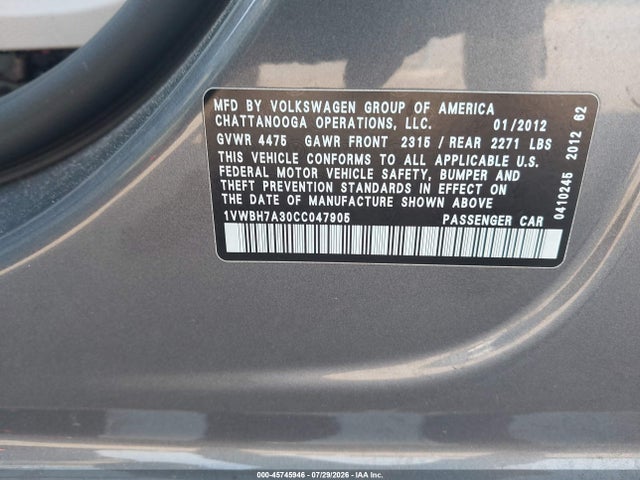45745946 :رقم المزاد ، 1VWBH7A30CC047905 vin ، 2012 Volkswagen Passat 2.5l Se مزاد بيع