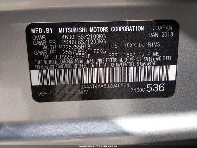 45745949 :رقم المزاد ، JA4AT4AA8JZ046564 vin ، 2018 Mitsubishi Eclipse Cross Le مزاد بيع