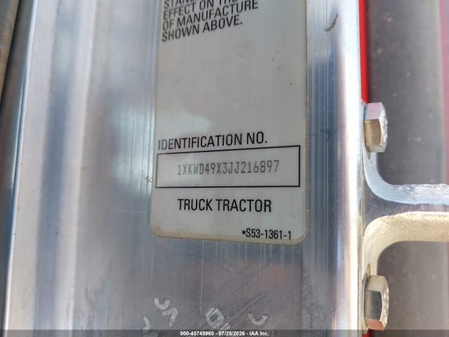 Aukcja sprzedaży 2018 Kenworth W900, vin: 1XKWD49X3JJ216897, numer aukcji: 45745960