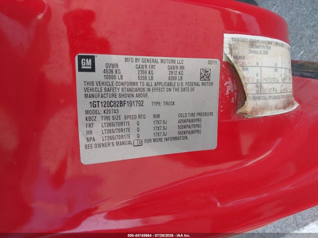 45745964 :رقم المزاد ، 1GT120C82BF191792 vin ، 2011 Gmc Sierra 2500hd Sle مزاد بيع