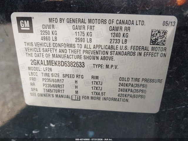 Aukcja sprzedaży 2013 Gmc Terrain Sle-1, vin: 2GKALMEK8D6382633, numer aukcji: 45745988