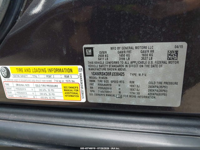 2015 Gmc Acadia Slt-2 მანქანა იყიდება აუქციონზე, vin: 1GKKRSKD8FJ338425, აუქციონის ნომერი: 45746019