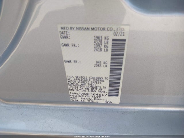 Продажа на аукционе авто 2021 Nissan Altima Sv Fwd, vin: 1N4BL4DV6MN364662, номер лота: 45746025