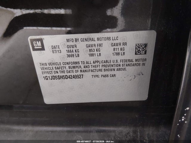 Продажа на аукционе авто 2013 Chevrolet Sonic Lt Manual, vin: 1G1JD5SH5D4249927, номер лота: 45746027