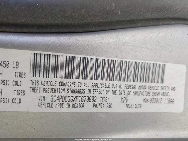 45746044 :رقم المزاد ، 3C4PDCGGXFT679682 vin ، 2015 Dodge Journey Crossroad مزاد بيع