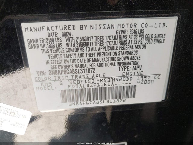 Продаж на аукціоні авто 2025 Nissan Kicks Sv Fwd, vin: 3N8AP6CA8SL311872, номер лоту: 45746049