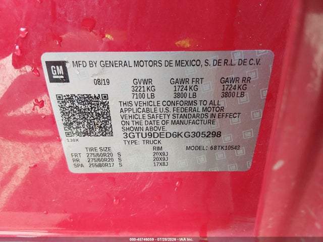 Aukcja sprzedaży 2019 Gmc Sierra 1500 Slt, vin: 3GTU9DED6KG305298, numer aukcji: 45746059
