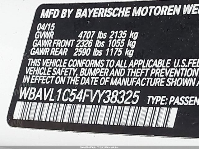 2015 Bmw X1 Xdrive28i მანქანა იყიდება აუქციონზე, vin: WBAVL1C54FVY38325, აუქციონის ნომერი: 45746069