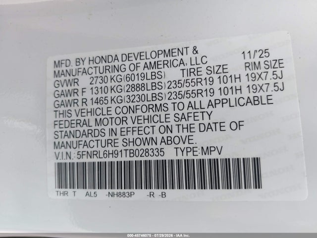 Продажа на аукционе авто 2026 Honda Odyssey Elite, vin: 5FNRL6H91TB028335, номер лота: 45746075