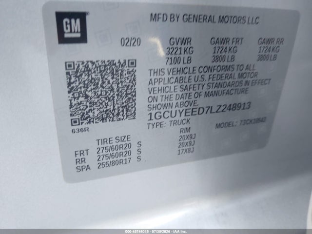 Aukcja sprzedaży 2020 Chevrolet Silverado 1500 4wd  Short Bed Rst, vin: 1GCUYEED7LZ248913, numer aukcji: 45746085