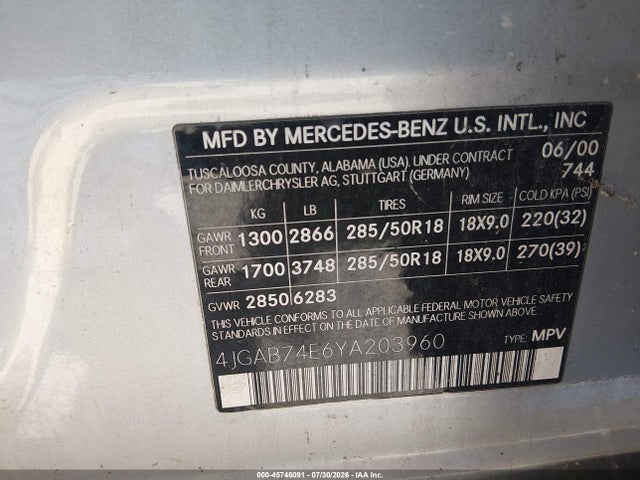 Aukcja sprzedaży 2000 Mercedes-benz Ml 55 Amg, vin: 4JGAB74E6YA203960, numer aukcji: 45746091