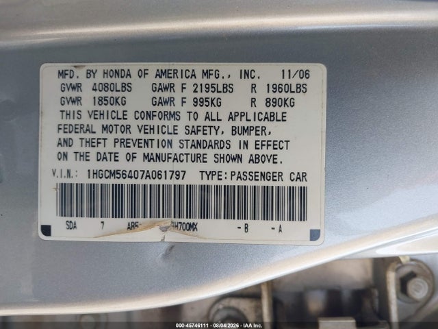 Aukcja sprzedaży 2007 Honda Accord 2.4 Lx, vin: 1HGCM56407A061797, numer aukcji: 45746111