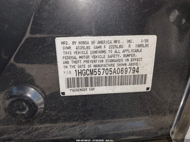 Aukcja sprzedaży 2005 Honda Accord 2.4 Ex, vin: 1HGCM55705A069794, numer aukcji: 45746122