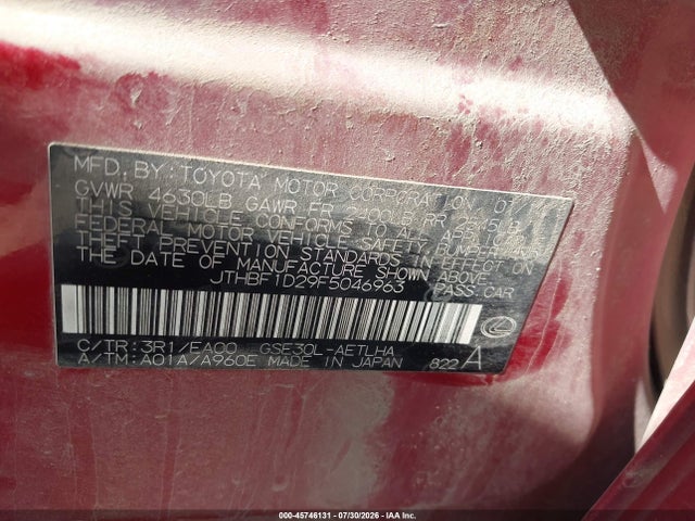 Продаж на аукціоні авто 2015 Lexus Is 250, vin: JTHBF1D29F5046963, номер лоту: 45746131