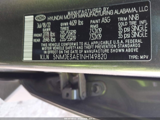 2022 Hyundai Tucson Limited მანქანა იყიდება აუქციონზე, vin: 5NMJE3AE1NH149820, აუქციონის ნომერი: 45746132