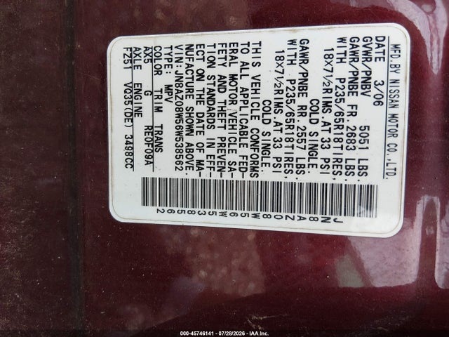 Aukcja sprzedaży 2006 Nissan Murano Sl, vin: JN8AZ08W56W538562, numer aukcji: 45746141