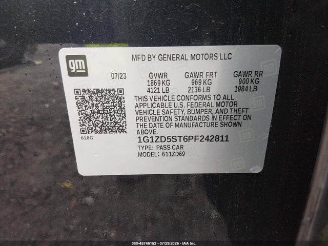 Aukcja sprzedaży 2023 Chevrolet Malibu Fwd 1lt, vin: 1G1ZD5ST6PF242811, numer aukcji: 45746152