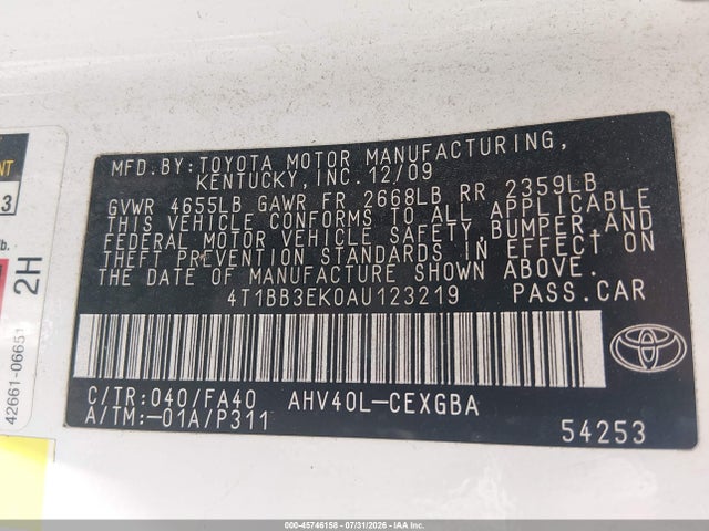 45746158 :رقم المزاد ، 4T1BB3EK0AU123219 vin ، 2010 Toyota Camry Hybrid مزاد بيع