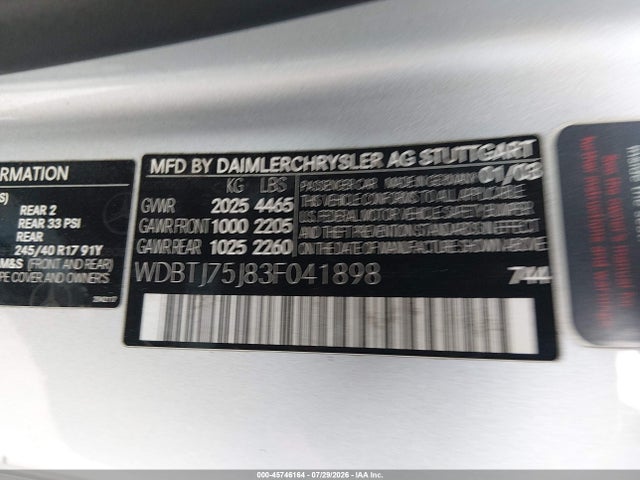 45746164 :رقم المزاد ، WDBTJ75J83F041898 vin ، 2003 Mercedes-benz Clk 500 مزاد بيع