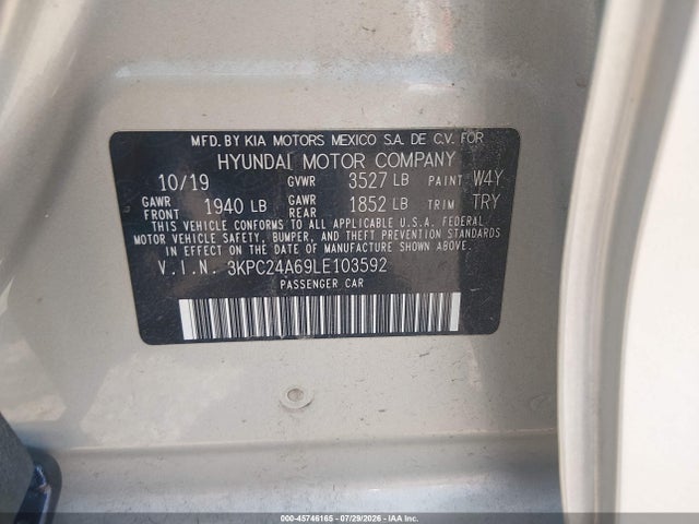 Продажа на аукционе авто 2020 Hyundai Accent Se, vin: 3KPC24A69LE103592, номер лота: 45746165
