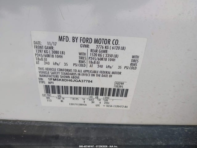 Ford EXPLORER XLT 2018 1FM5K8DH6JGA37704 Image 9