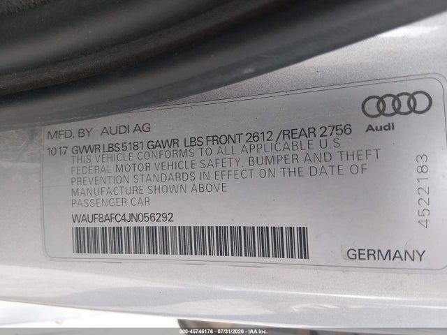 45746176 :رقم المزاد ، WAUF8AFC4JN056292 vin ، 2018 Audi A6 2.0t Premium/2.0t Sport مزاد بيع