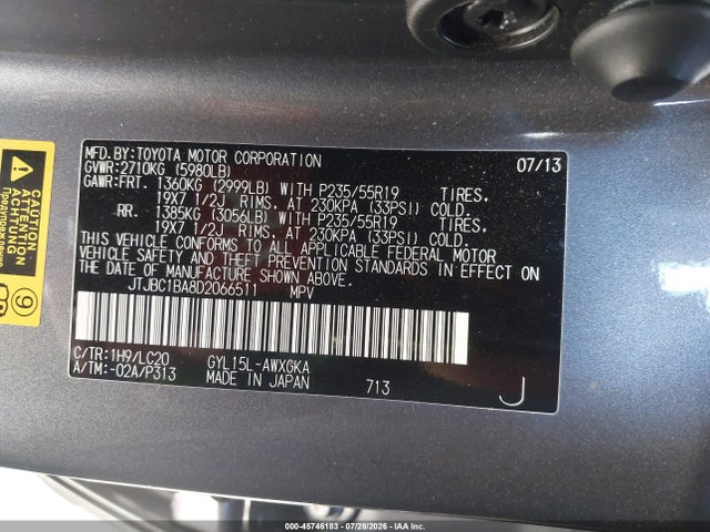 45746183 :رقم المزاد ، JTJBC1BA8D2066511 vin ، 2013 Lexus Rx 450h مزاد بيع