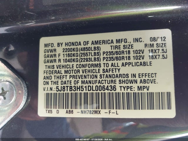45746187 :رقم المزاد ، 5J8TB3H51DL006436 vin ، 2013 Acura Rdx مزاد بيع
