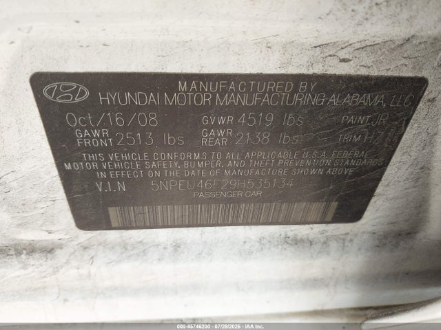 2009 Hyundai Sonata Limited V6 მანქანა იყიდება აუქციონზე, vin: 5NPEU46F29H535134, აუქციონის ნომერი: 45746200